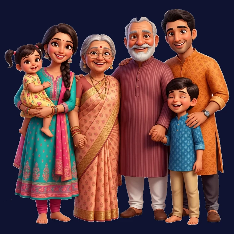 An Indian family across three generations — grandparents, parents and two children