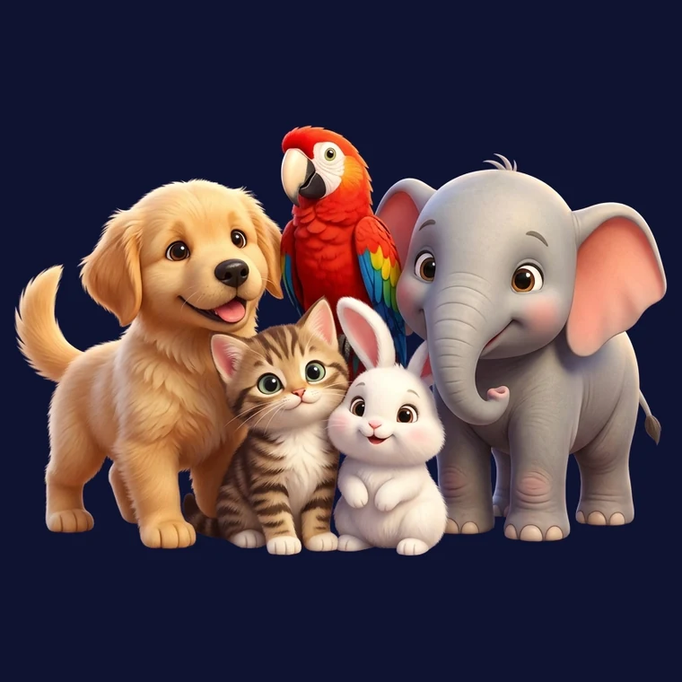 A puppy, kitten, rabbit, parrot and baby elephant together