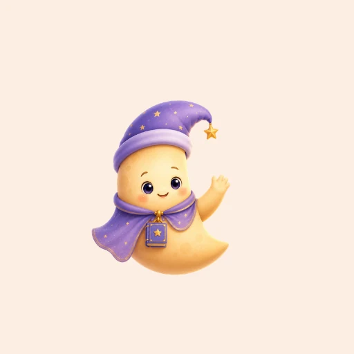 Veda Moon, a smiling crescent moon in a starry purple nightcap and cape, waving