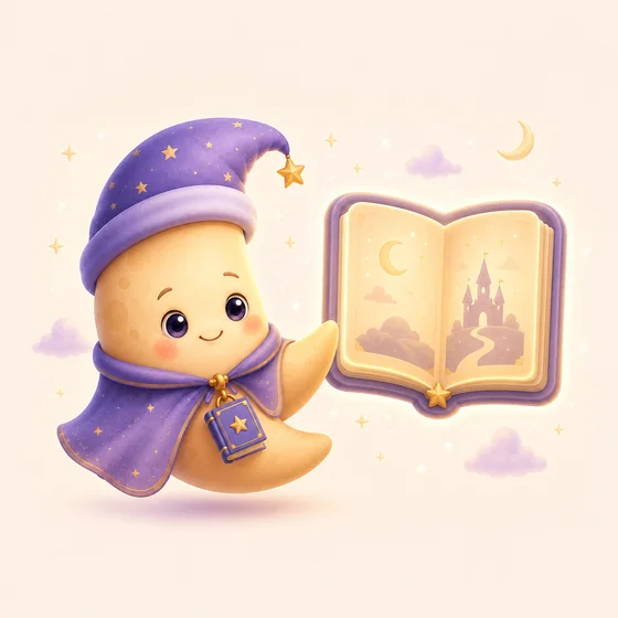 Veda Moon beside a glowing open storybook