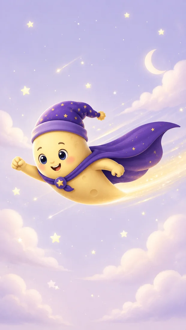 Veda Moon flying through a starry lavender sky, cape streaming behind